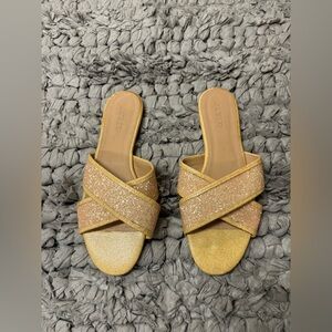 J Crew gold-ish/yellow Cora Crisscross glitter slides sandals